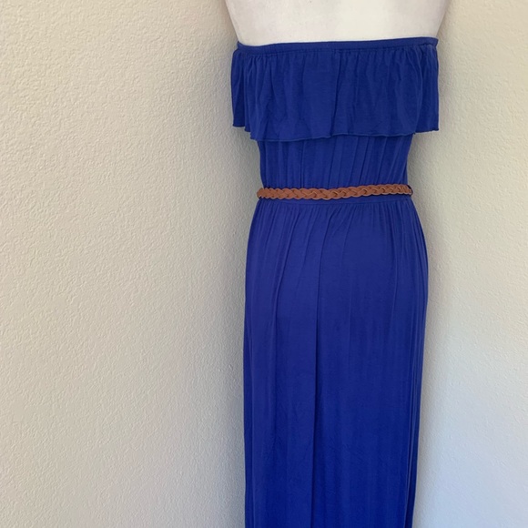 Strapless blue maxi dress with belt - Picture 5 of 8